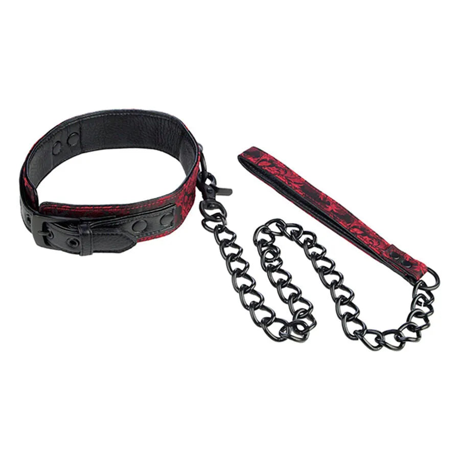 collier laisse domination brocart rouge noir ajustable luxueux intérieur moelleux chaîne métallique amovible plastique haute qualité élégant sensuel