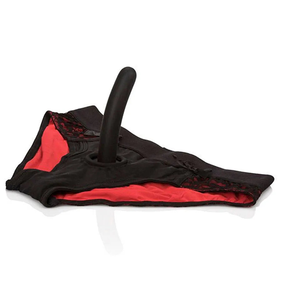 Ensemble culotte harnais rouge et noir avec jouet anal ergonomique en silicone, dos ouvert, pour jeux de rôle confortables.