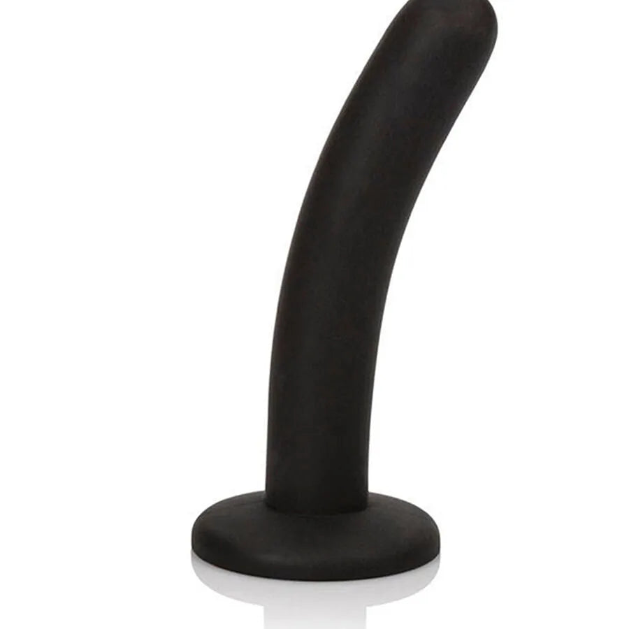 Jouet anal ergonomique noir en silicone avec base large, conçu pour ensemble culotte pegging rouge, confort et sécurité.