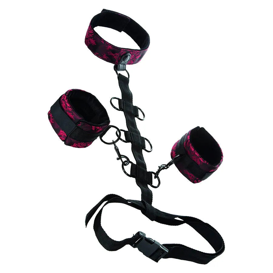 collier retenue bondage luxe brocart rouge noir menottes amovibles doublure moelleuse réglable résistant polypropylène trois niveaux restriction confortable soirées intimes
