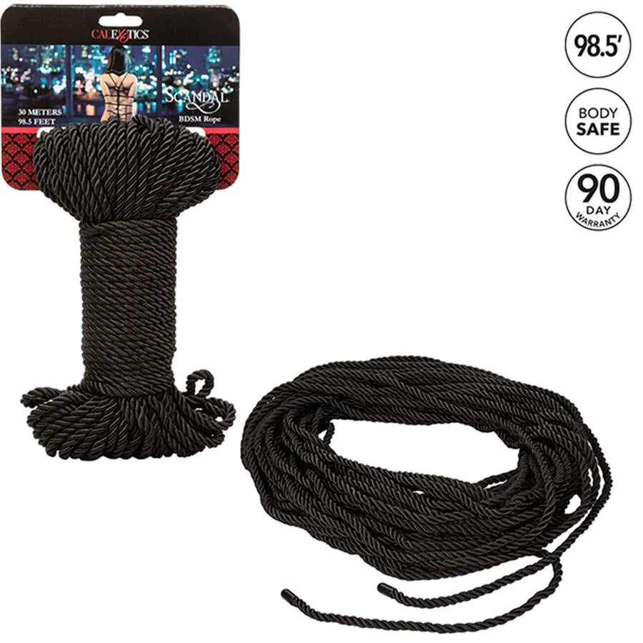 Corde BDSM Shibari noire 30m, douce et soyeuse, en coton polyester, idéale pour bondage et jeux créatifs sécurisés.