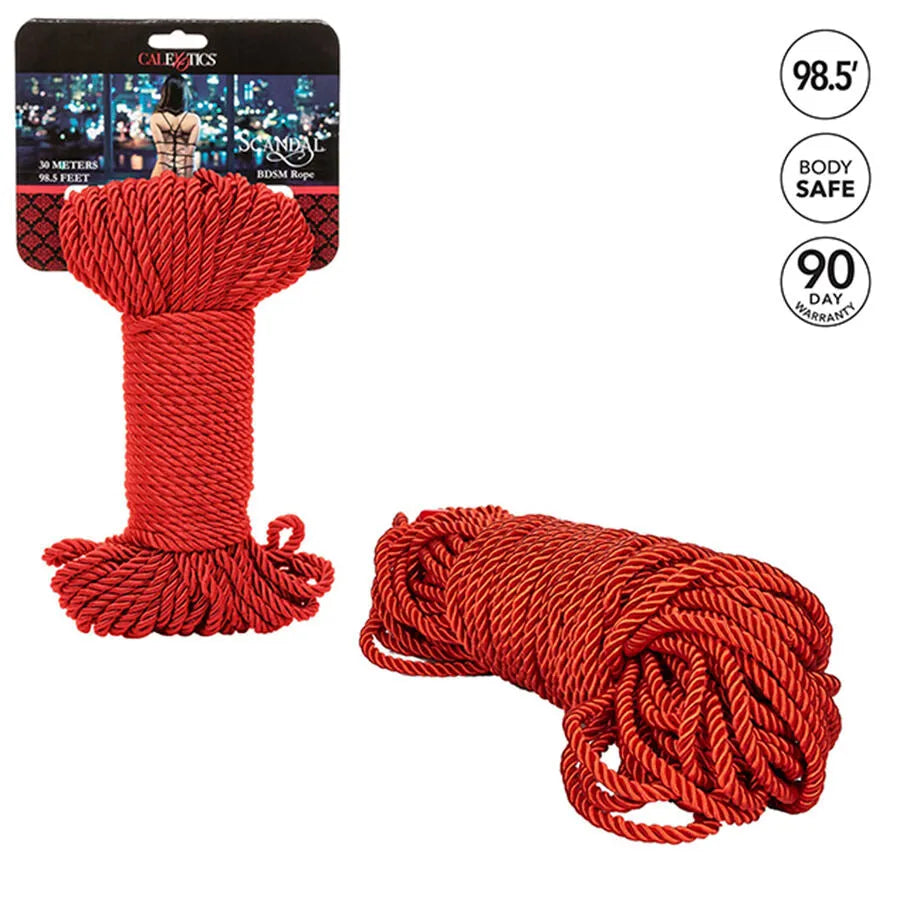 Corde BDSM rouge soyeuse 30m, coton polyester, élégante et résistante, idéale pour jeux de bondage créatifs.