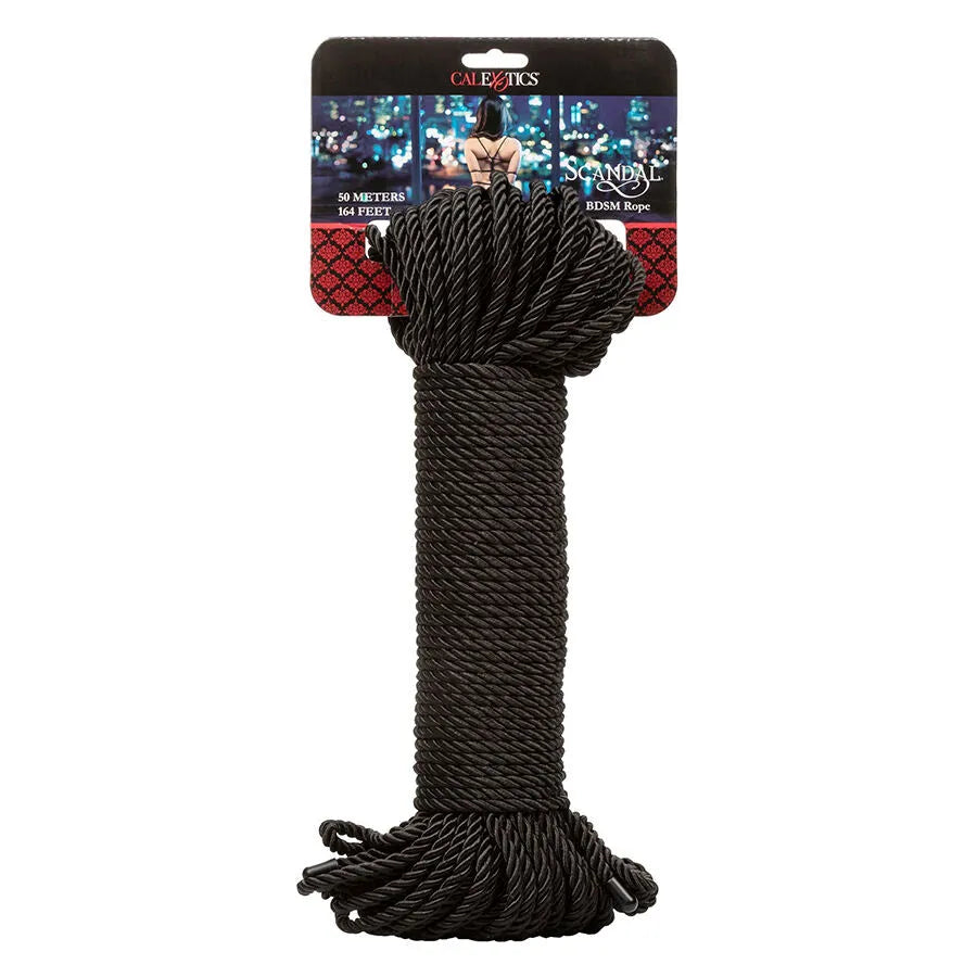 Corde soyeuse noire 30m pour Shibari, coton polyester, douce et résistante, idéale pour bondage créatif et sécurisé.