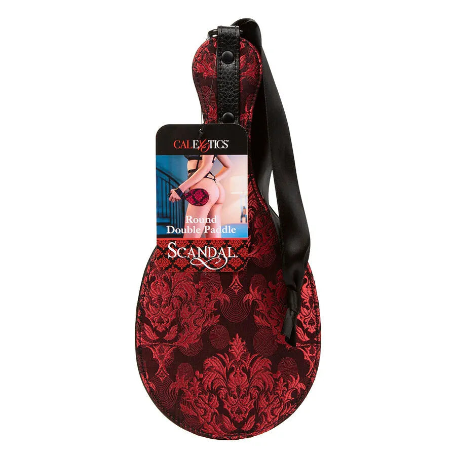 Palette ronde en similicuir brocart rouge et noir, double couche, pour jeux érotiques, avec poignée et ruban noir.