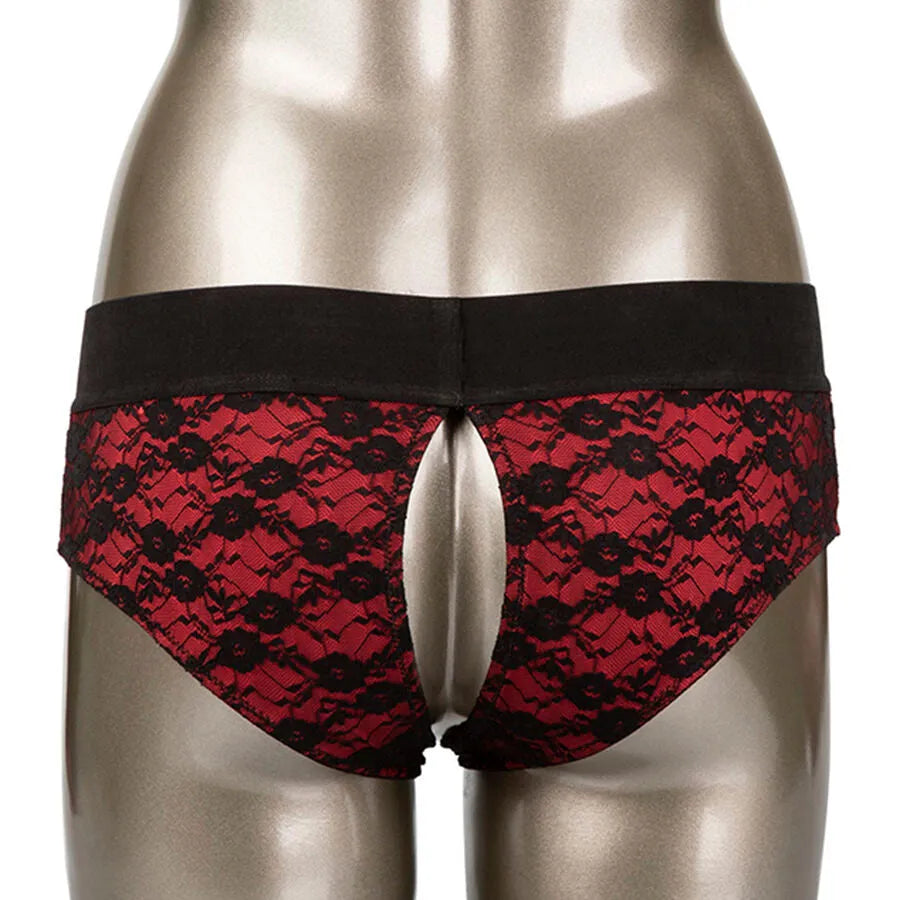 Culotte entrejambe ouvert en dentelle noire et rouge, harnais silicone, taille S/M, design sensuel et élégant.