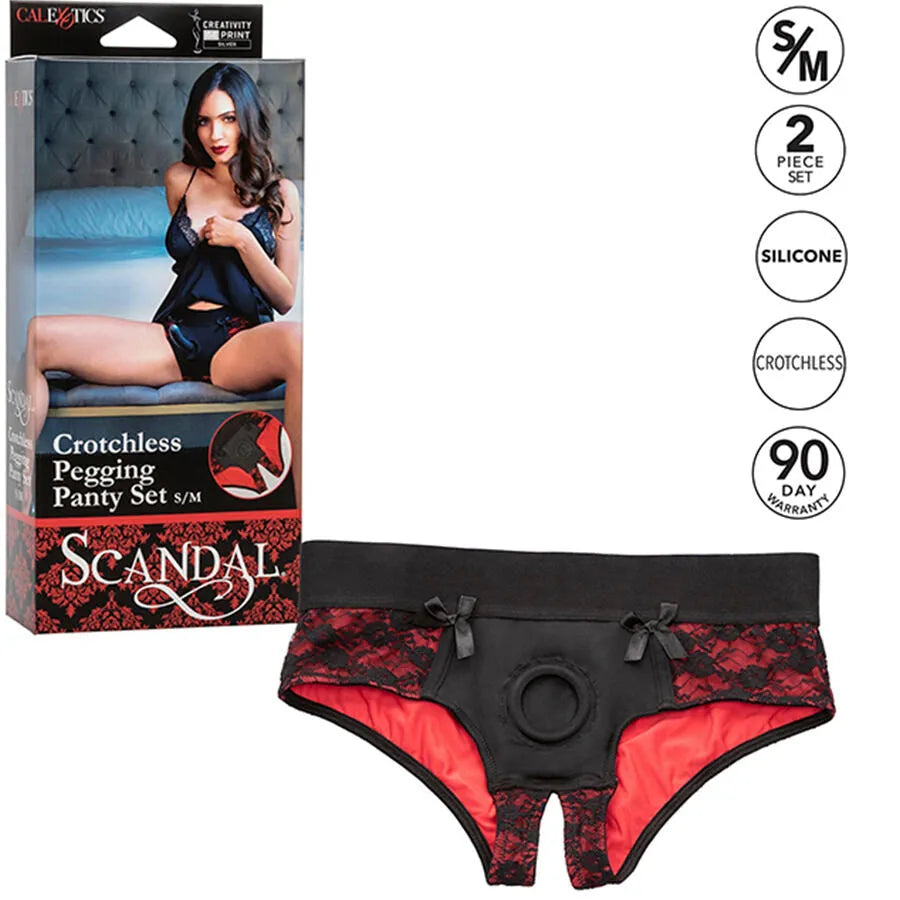 Culotte ouverte dentelle noire et rouge avec harnais silicone, taille S/M, élégante et sensuelle, emballage inclus.