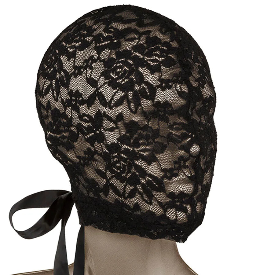 Cagoule en dentelle noire avec lacets corset, design élégant et respirant, œillets cuivre, pour jeux de rôle adulte.