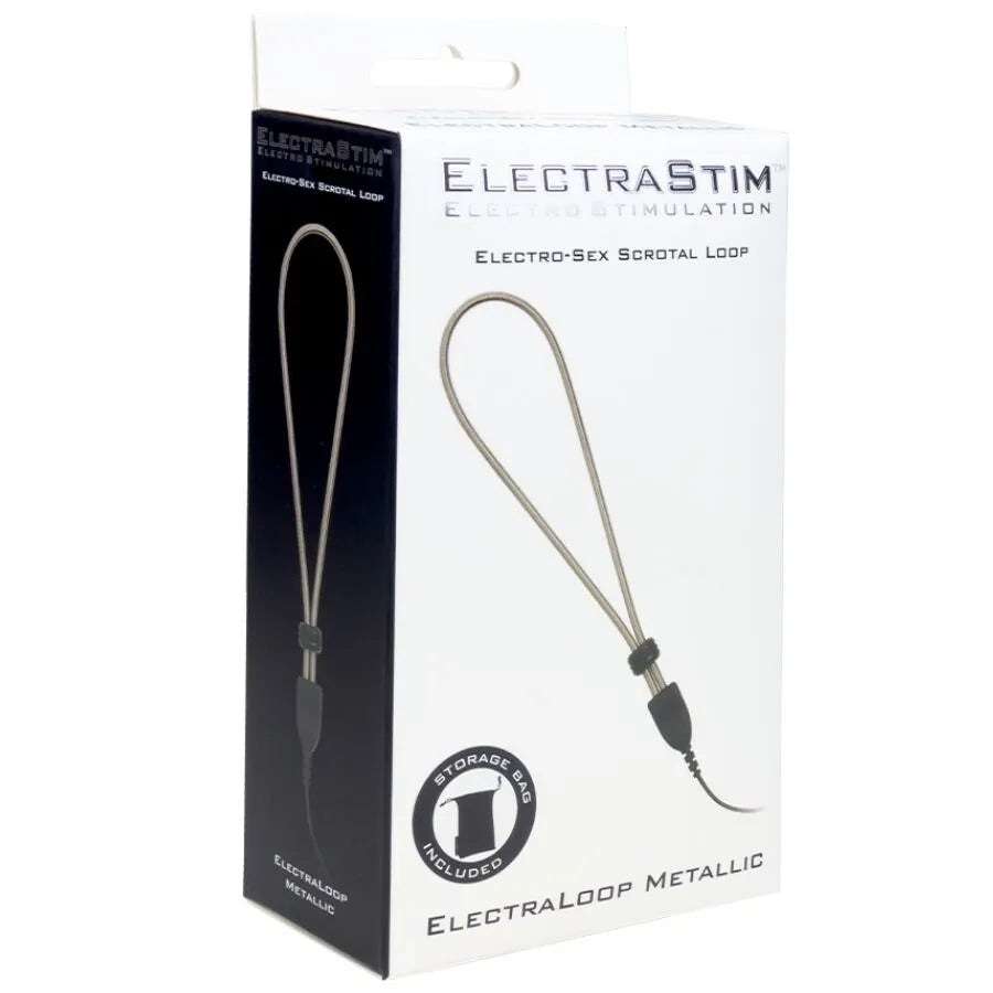 Boucle scrotale électro métallique réglable, acier inoxydable, sur fond blanc, emballage avec logo ElectraStim.
