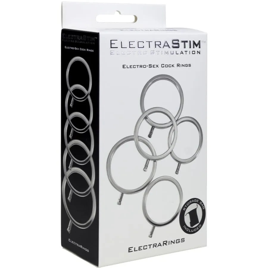 Anneaux péniens ElectraStim en métal argenté, pack de 5 tailles, pour stimulation électro intense et orgasme sans mains.