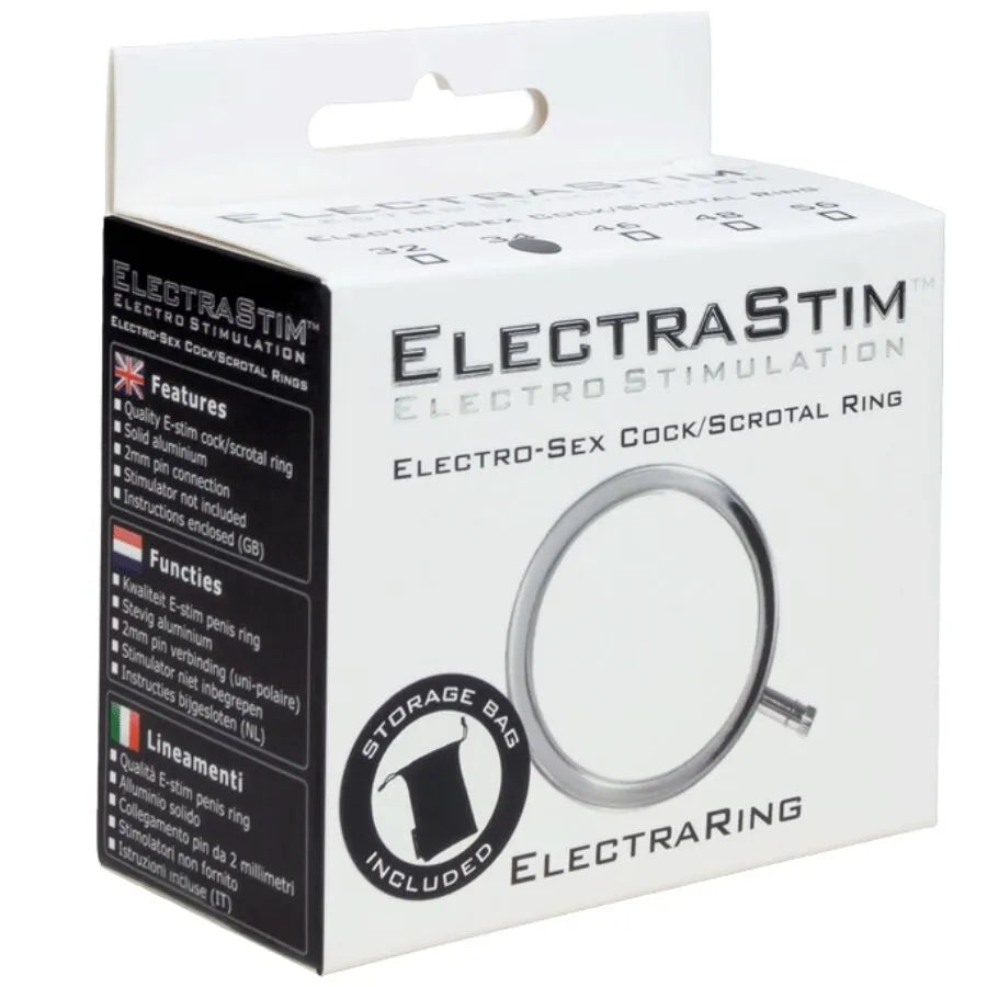 Anneau pénien électro métal solide, ajustable, pour électrostimulation, sur fond blanc, boîte incluse.