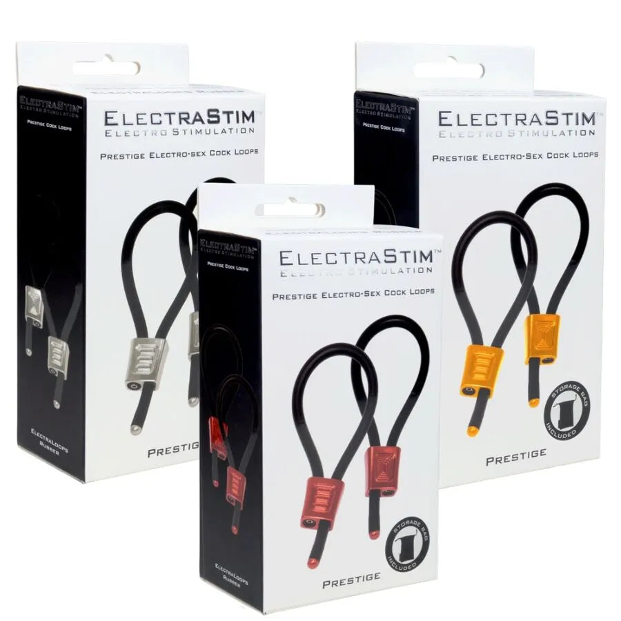 Anneaux péniens ElectraStim rouges en aluminium anodisé, réglables, pour stimulation électrique intense et uniforme.