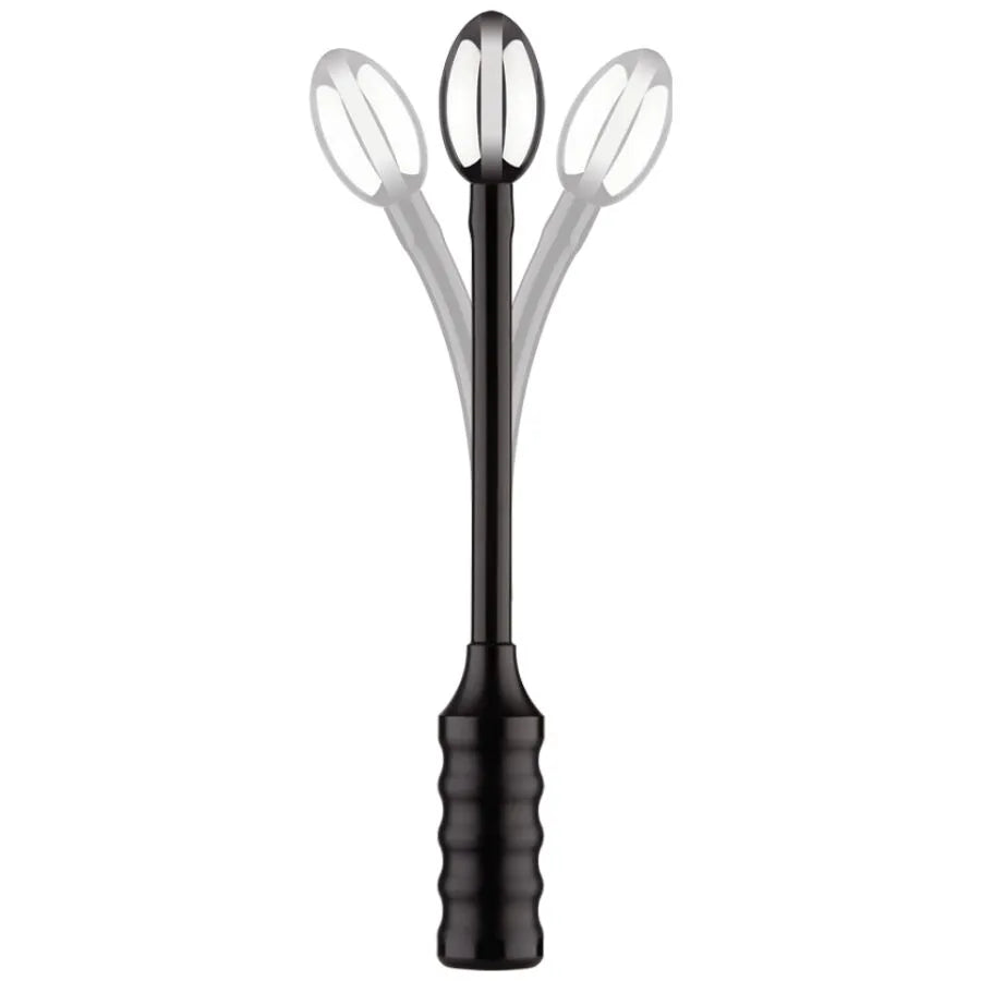 Sonde électrique noire flexible avec poignée nervurée, extrémité incurvée pour stimulation anale ou vaginale.