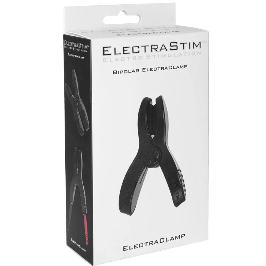 Pince électro-stimulante noire ElectraClamp sur boîte blanche, design ergonomique pour stimulation précise sous la taille.