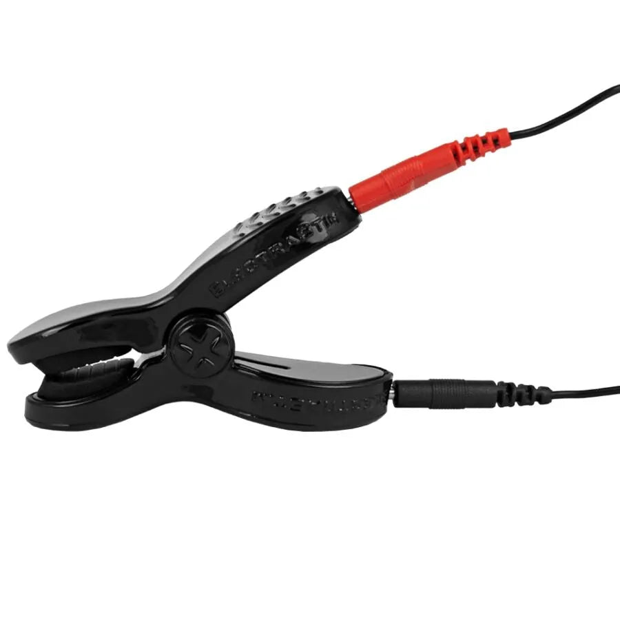 Pince électro-stimulante bipolaire noire ElectraClamp, réglable, avec câbles rouge et noir pour stimulation précise.