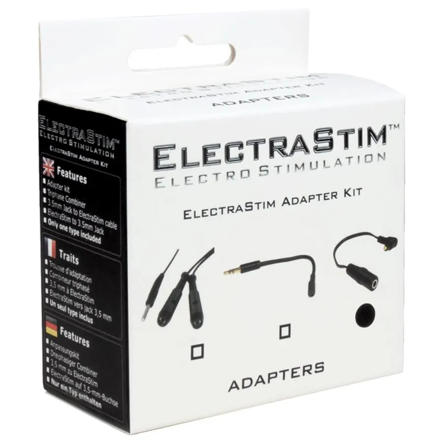Adaptateur ElectraStim femelle 3,5 mm noir, compact, connexion stable pour sextoys, emballage blanc avec visuel produit.