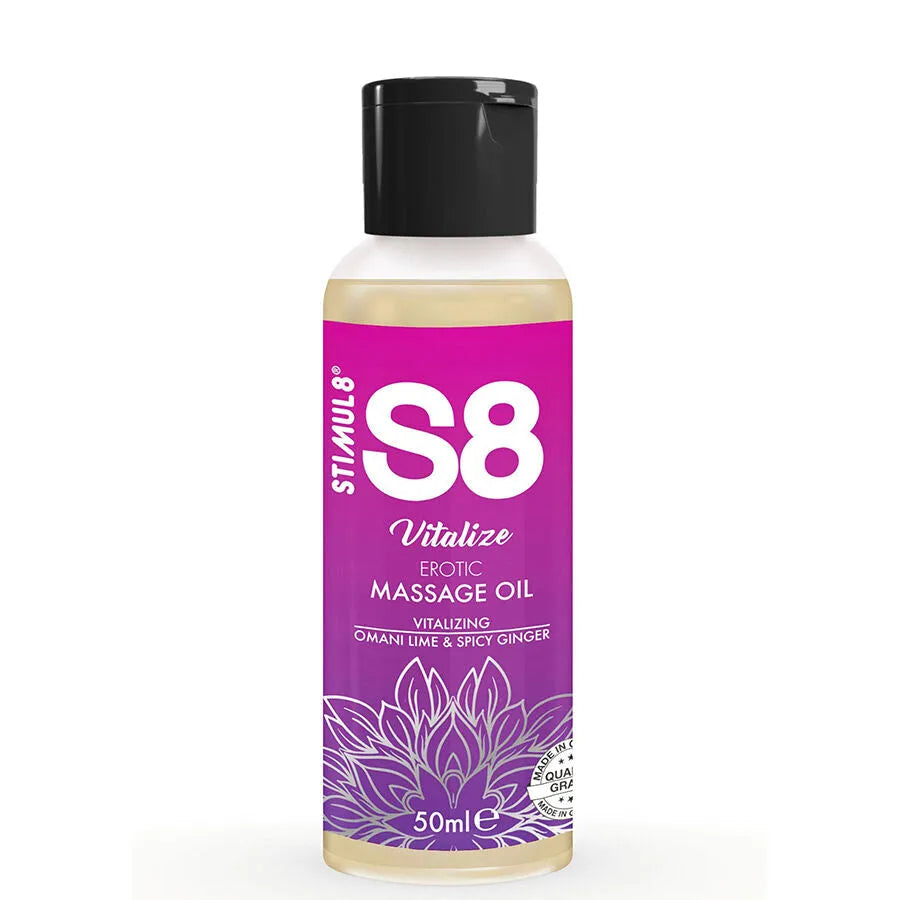 Flacon d'huile de massage S8, 50ml, étiquette violette, parfums citron vert, gingembre, thé lilas, prune, coton égyptien.