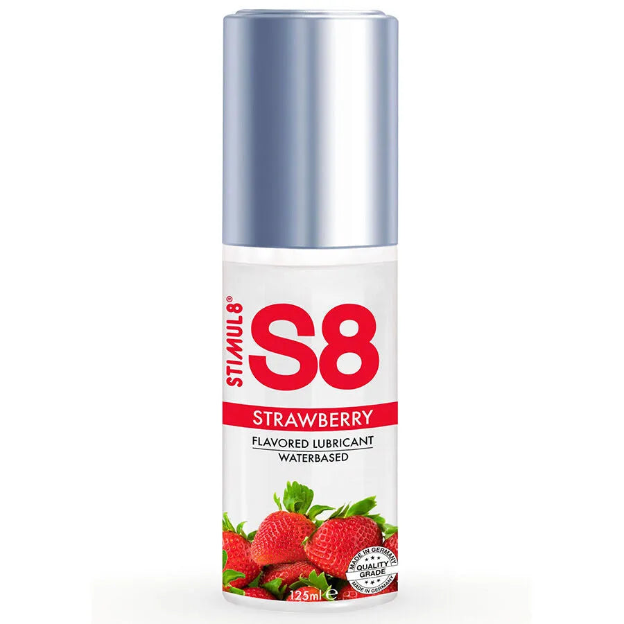 lubrifiant base eau fraise saveur gourmande sans parabène sans gluten sans phtalates hypoallergénique compatible préservatifs texture soyeuse longue durée 125ml
