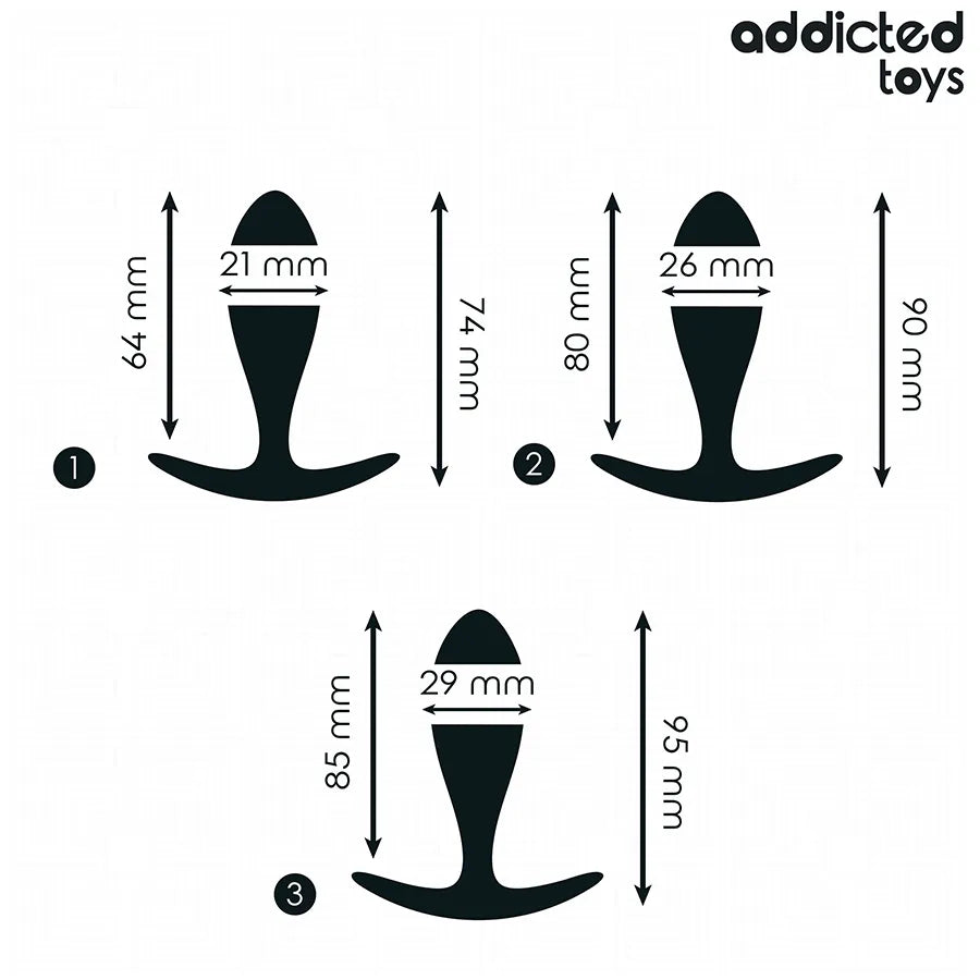 Set de 3 plugs anaux Addicted Toys en silicone noir, tailles progressives avec base ancre pour confort et sécurité.