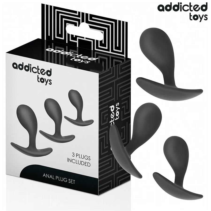 ensemble trois bouchons anaux silicone médical hypoallergénique progressifs ergonomique base élargie texture lisse noir discret coffret élégant débutant expérimenté