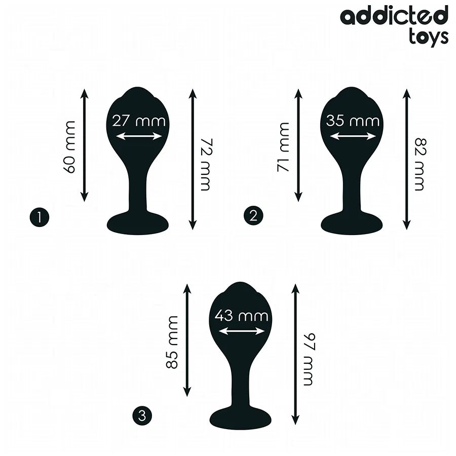 Lot de 3 plugs anaux Addicted Toys en silicone noir avec bijoux, tailles progressives pour confort et sécurité.
