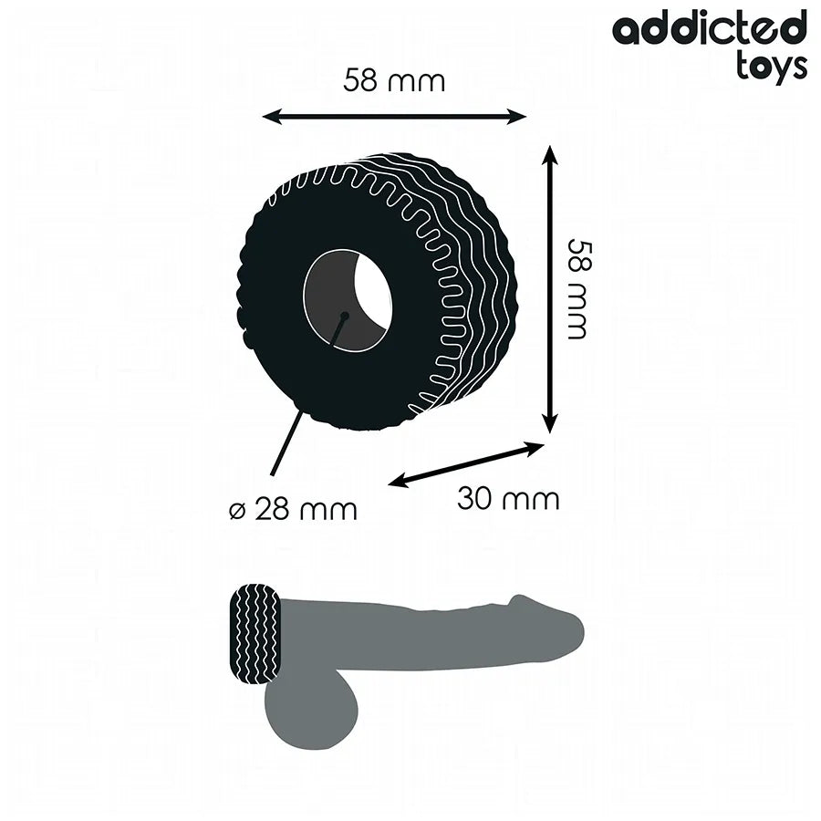 Anneau pénien noir extra épais, texture nervurée, diamètre 28 mm, amélioration performance sexuelle, marque Addicted Toys.