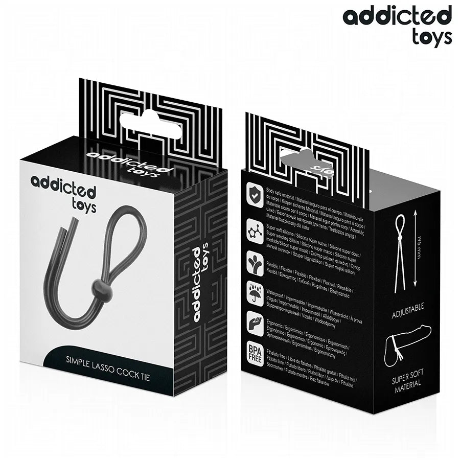 Corde pénis silicone noire boucle unique, emballage Addicted Toys, stimulation érection, réglable et hygiénique.
