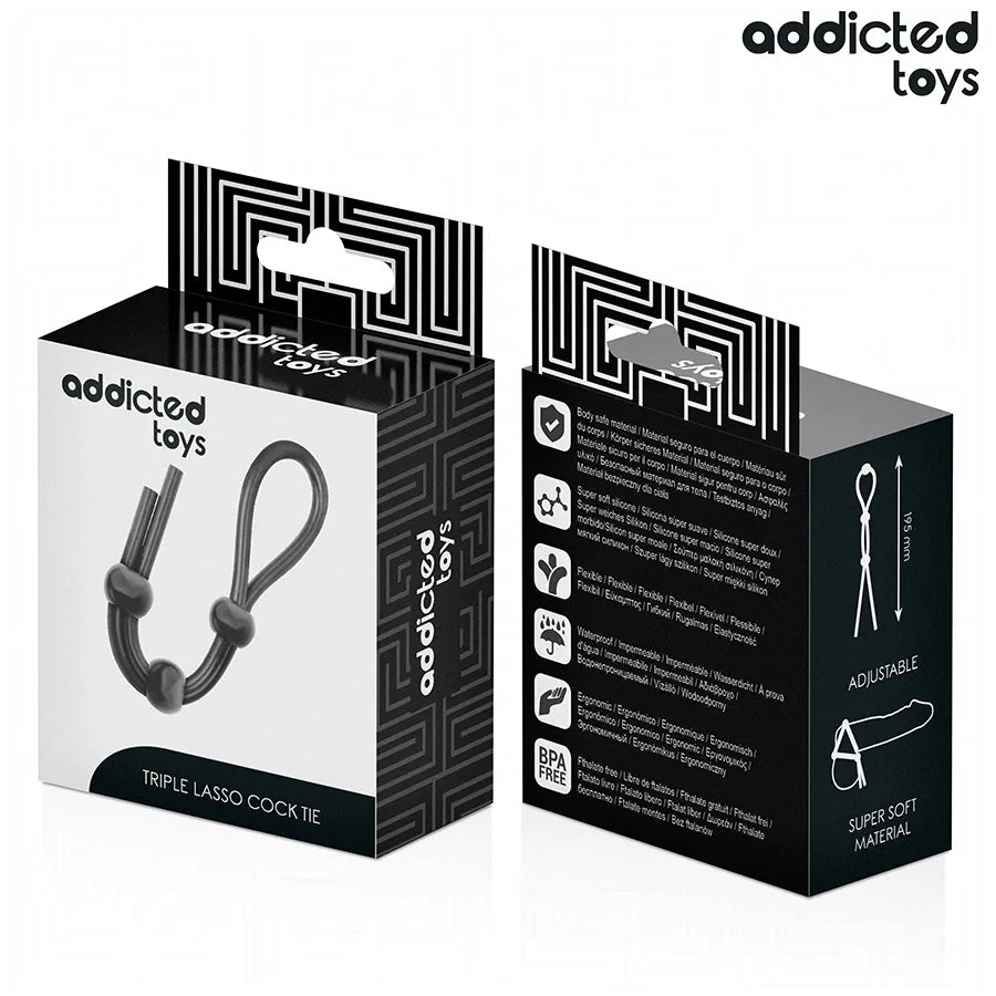 Corde pénis silicone noire triple boucle, ajustable, flexible, durable, pour stimulation intense et contrôle érection.