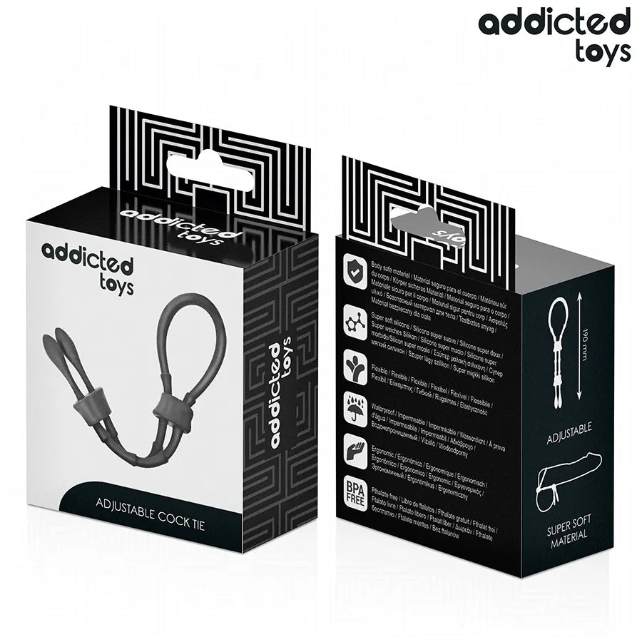 Corde pénis silicone noire réglable avec balle intégrée, sur fond blanc, pour stimulation intense et confort personnalisé.