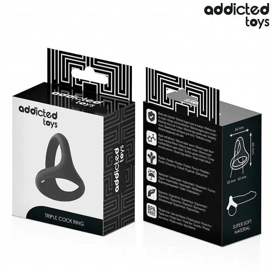Anneau pénien noir triple épaisseur Addicted Toys, design ergonomique, matériau souple, intensité et confort optimisés.
