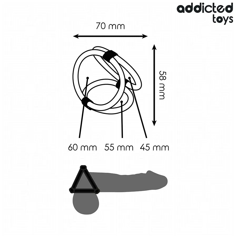 Anneau pénien triple Addicted Toys noir, trois tailles, design ergonomique, matériau souple, amélioration érection.