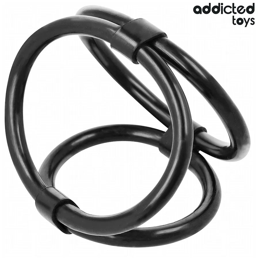 Anneau pénien triple noir Addicted Toys, ajustement ergonomique, trois tailles pour prolongation érection, matériau souple.
