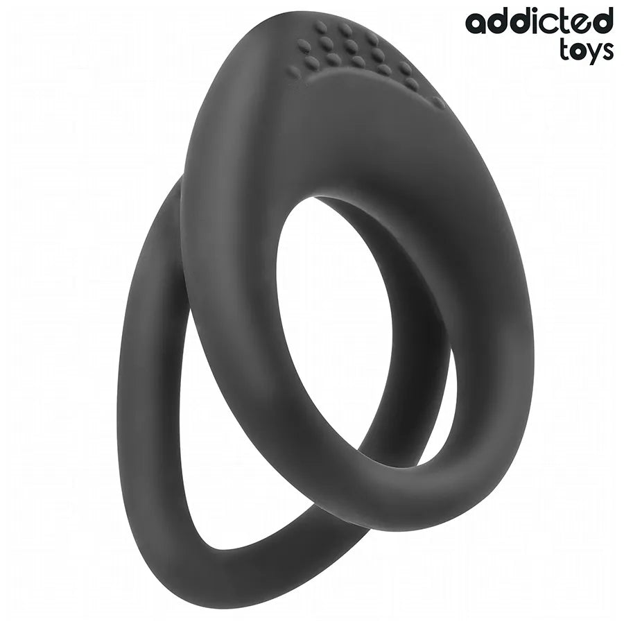 Anneau pénien noir texturé double stimulation Addicted Toys, silicone ergonomique pour confort et prolongation érection.