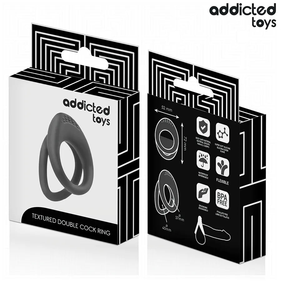 Anneau pénien texturé noir double stimulation, silicone ergonomique, emballage Addicted Toys, confort et prolongation.