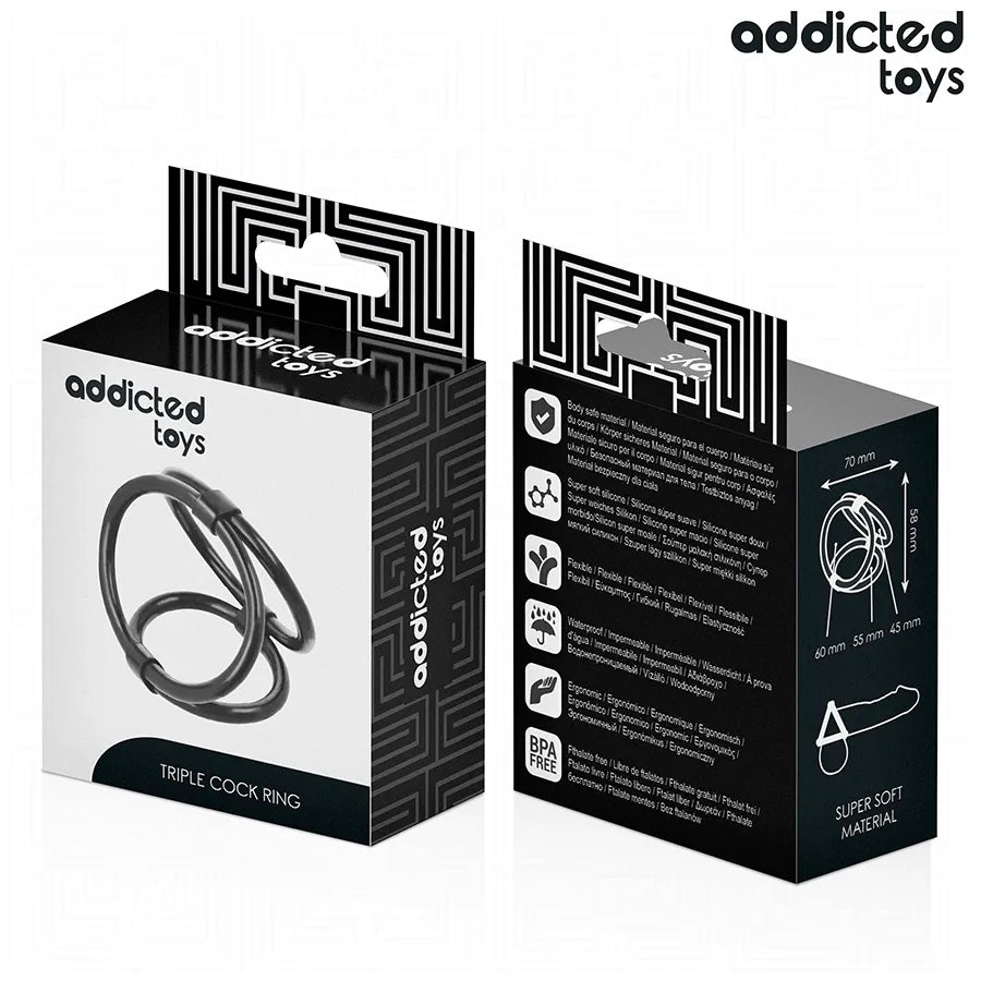 Anneau pénien triple noir Addicted Toys, ajustement ergonomique, trois tailles, amélioration érection, matériau souple.