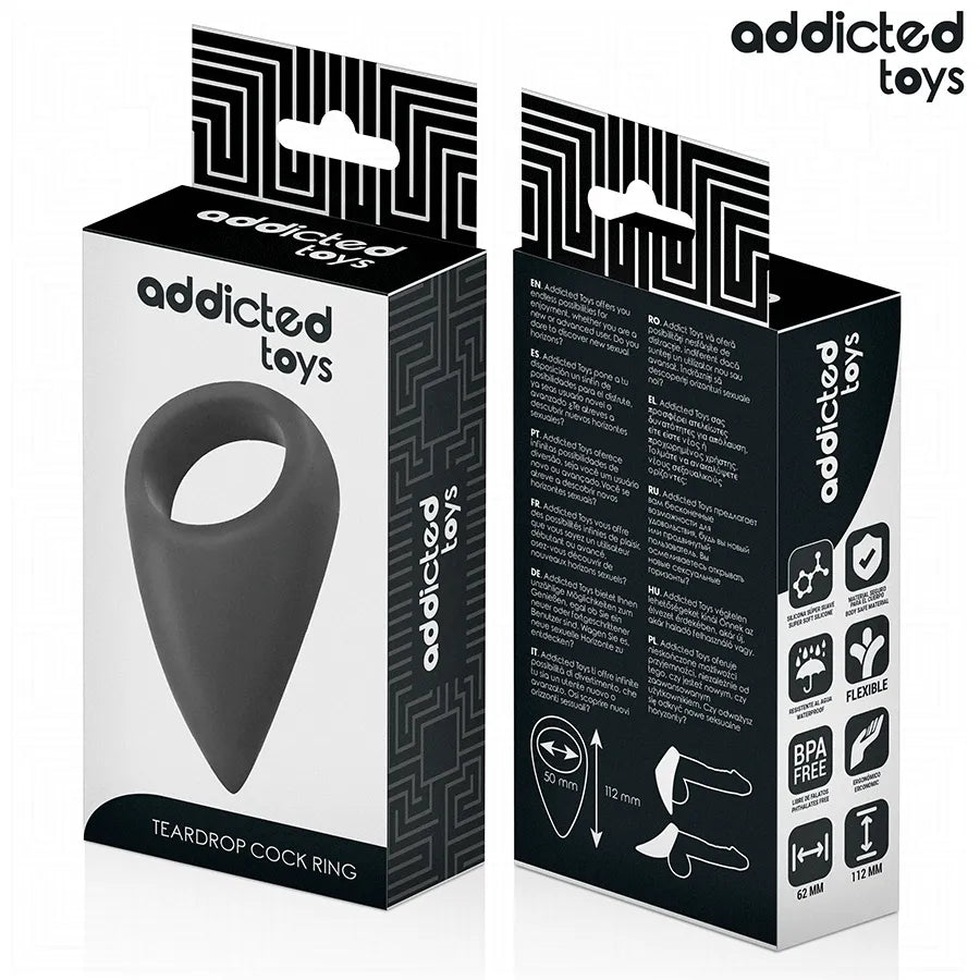 Anneau pénien noir ergonomique en forme de larme, Addicted Toys, sur emballage, stimulation prolongée et confort optimal.