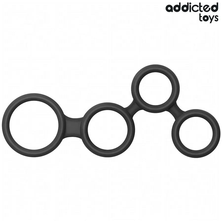 Anneau pénien noir en silicone avec trois séparateurs ergonomiques, design Addicted Toys pour stimulation et confort optimal.
