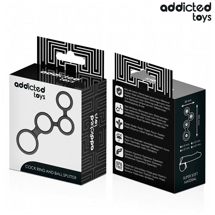 Anneau pénien noir en silicone avec séparateurs testicules, design ergonomique, emballage Addicted Toys visible.
