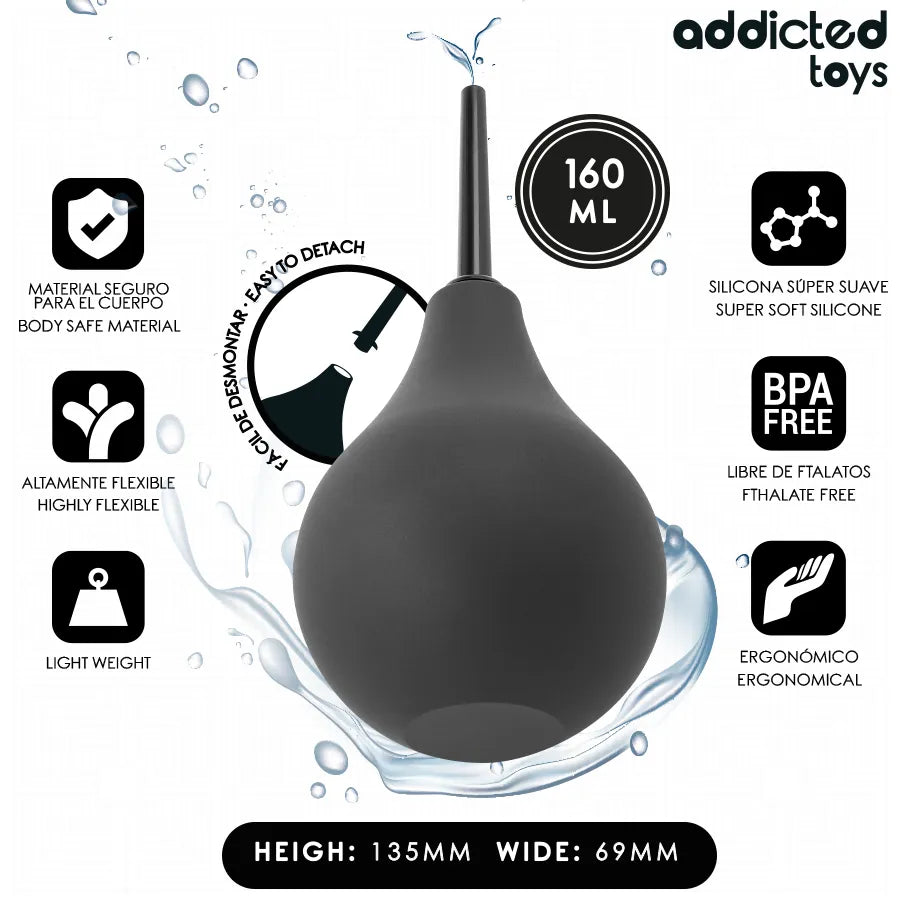 Nettoyant anal Addicted Toys 160 ml, noir, ergonomique, compact, idéal pour voyage, hygiène intime efficace.
