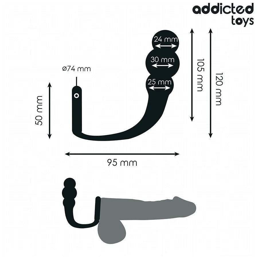Plug anal noir Addicted Toys avec anneau, design ergonomique, dimensions visibles, stimulation anale sécurisée.