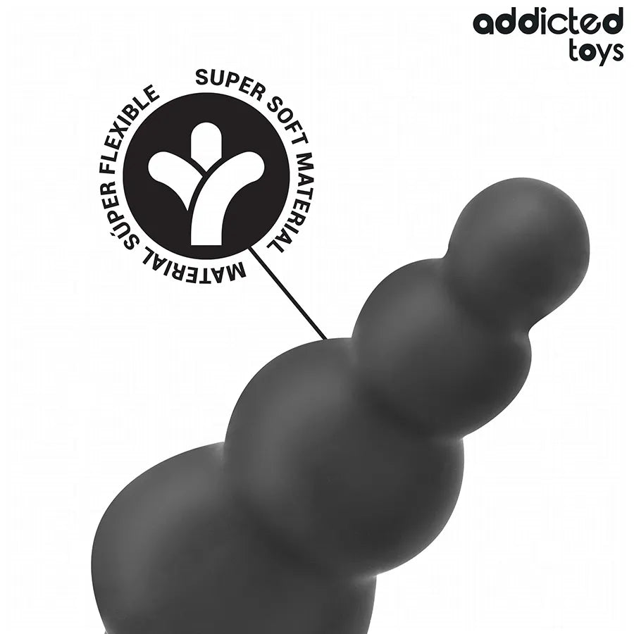 Plug anal noir Addicted Toys avec anneau testiculaire, design innovant et flexible, pour stimulation anale intense.