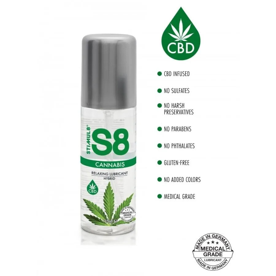 Lubrifiant hybride cannabis longue durée chauffant compatible préservatifs 125 ml formule eau silicone sans parabène phtalate hypoallergénique peau sensible intime