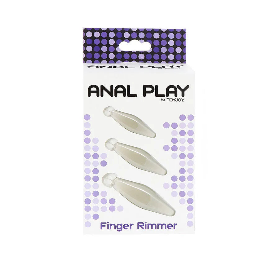 Ensemble de trois dilatateurs anaux en silicone transparent, ergonomiques et progressifs, sur fond blanc avec emballage.