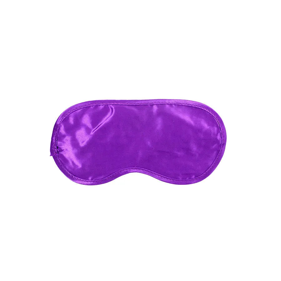 Masque pour les yeux en satin violet, accessoire intime du coffret cadeau érotique Super Sex Bomb, design séduisant.