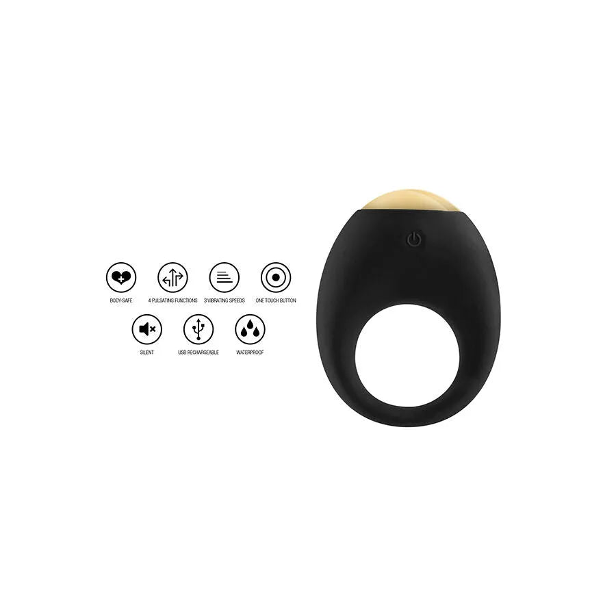 Anneau pénien vibrant noir, silicone doux, rechargeable, LED, 7 modes, étanche, design moderne, hypoallergénique.