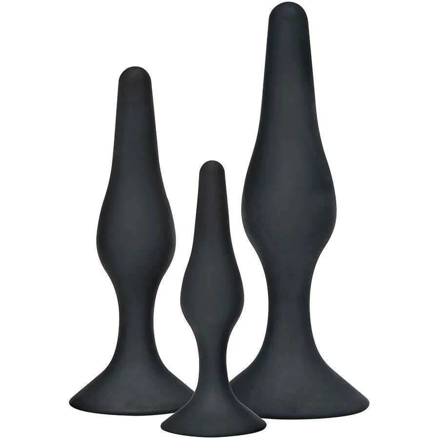 Kit trois plugs anaux silicone médical hypoallergénique ergonomique incurvé surface soyeuse progressif tailles petite moyenne grande base large sécurisée noir