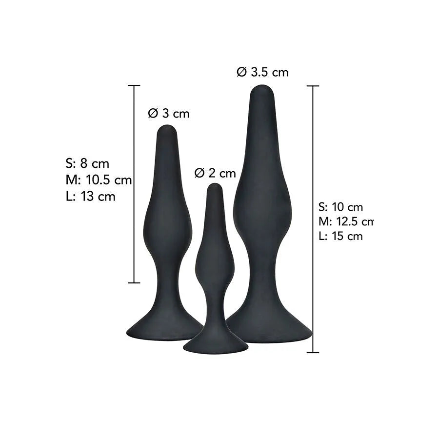 Kit trois plugs anaux silicone médical hypoallergénique ergonomique incurvé surface soyeuse progressif tailles petite moyenne grande base large sécurisée noir