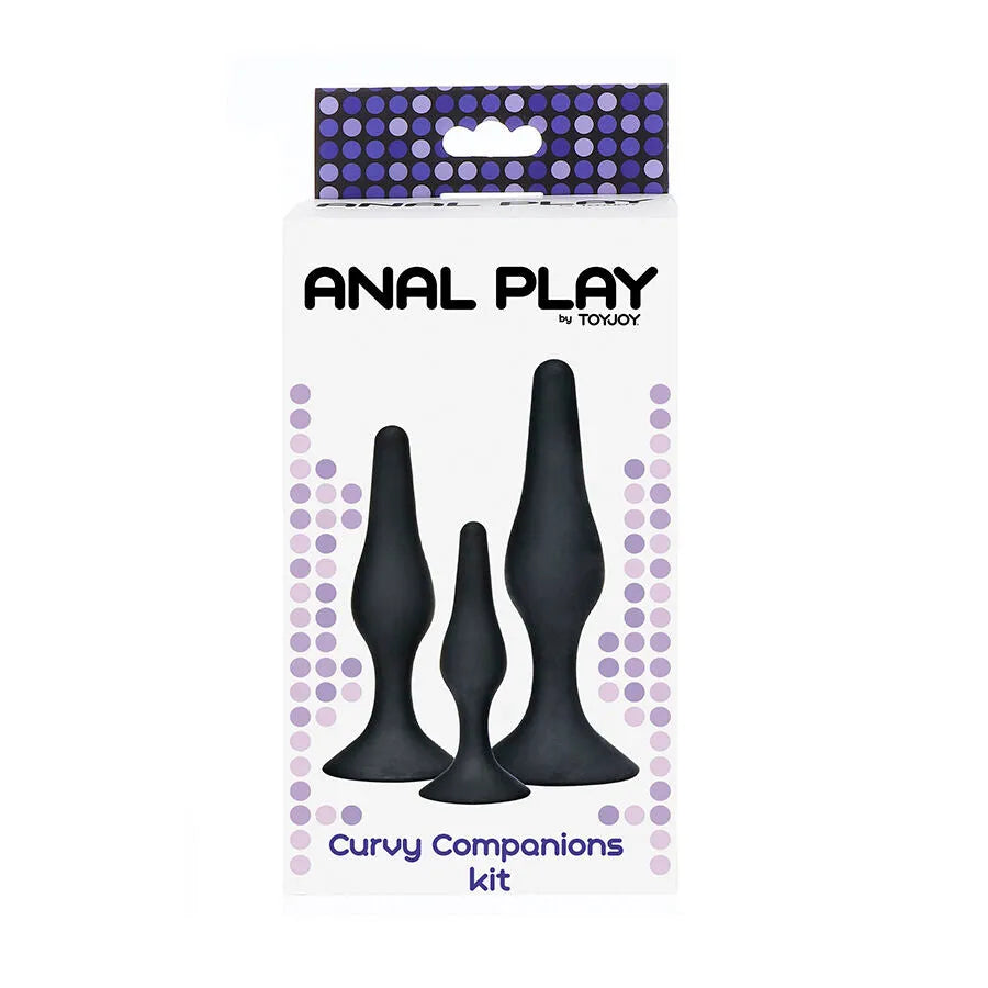 Kit trois plugs anaux silicone médical hypoallergénique ergonomique incurvé surface soyeuse progressif tailles petite moyenne grande base large sécurisée noir