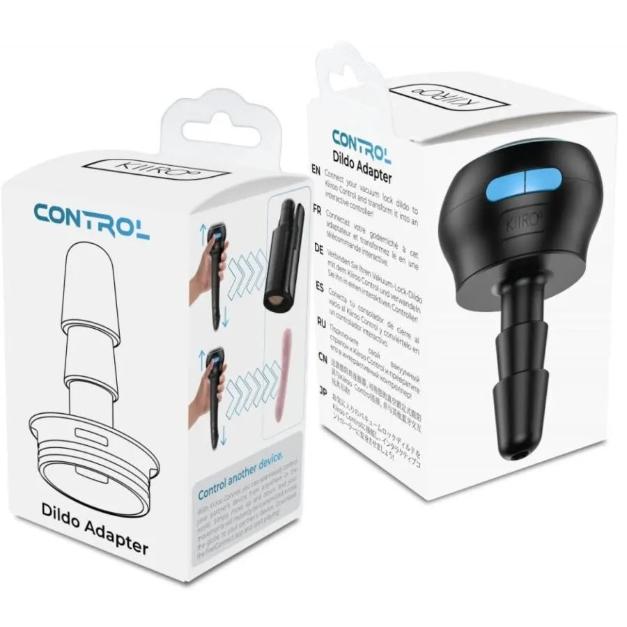 Adaptateur Kiiroo noir pour gode sous vide, design ergonomique, connectivité interactive, emballage illustré.