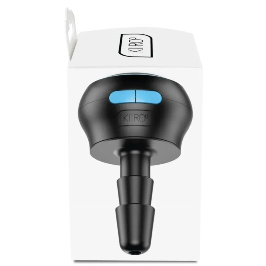 Adaptateur Kiiroo noir, forme ergonomique, bouton bleu, pour godes sous vide, sur fond blanc, connectivité immersive.