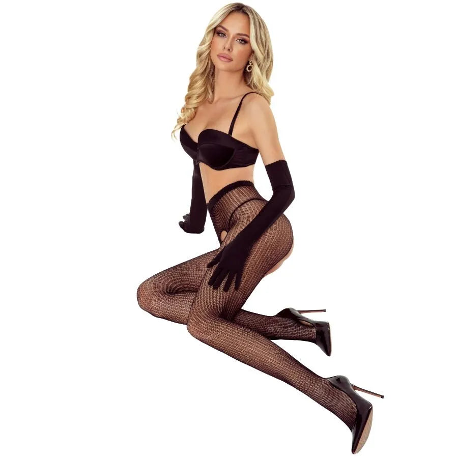Bas ouverts noirs en dentelle, polyamide élasthanne, élégants et sophistiqués, avec jarretelles, pour femme PASSION.